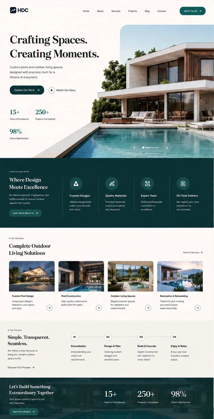 Outdoor living website design concept in warm ivory with deep teal green and black serif type, showing a modern flat-roof house beside a pool under a headline about crafting spaces and creating moments