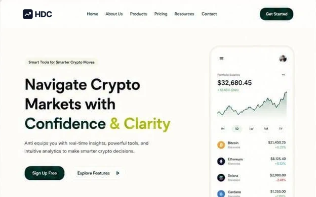 Financial product website design concept in cream and forest green, showing a headline about navigating markets with confidence beside a phone displaying a portfolio dashboard and a rising line chart