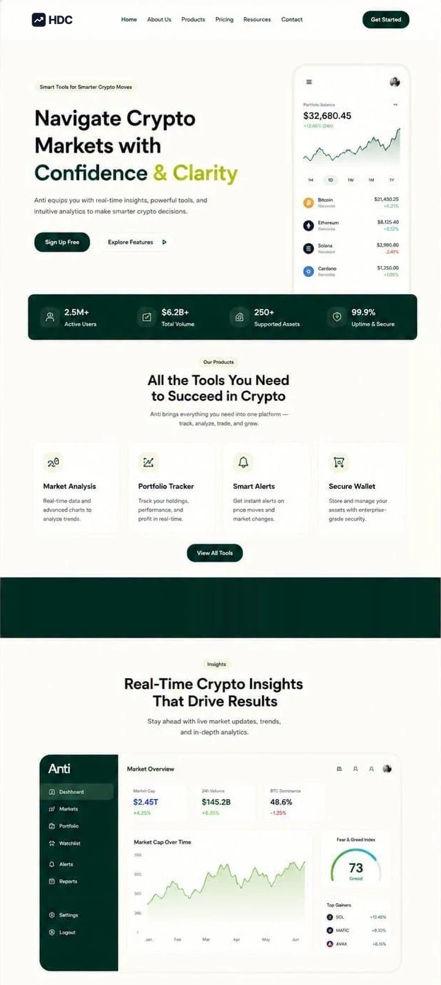 Financial product website design concept in cream and forest green, showing a headline about navigating markets with confidence beside a phone displaying a portfolio dashboard and a rising line chart