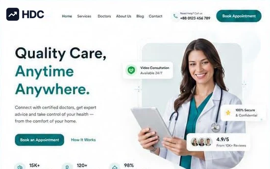 Healthcare website design concept in white and deep pine teal on pale mint, showing a smiling doctor holding a tablet with video consultation and confidentiality reassurance chips