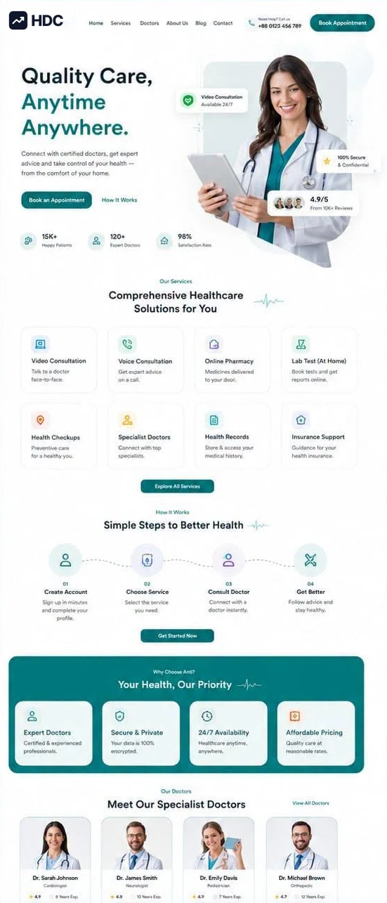 Healthcare website design concept in white and deep pine teal on pale mint, showing a smiling doctor holding a tablet with video consultation and confidentiality reassurance chips