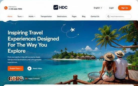 Travel website design concept in white and ocean blue with a coral button, showing a couple looking out over a turquoise island lagoon beneath a headline about inspiring travel experiences