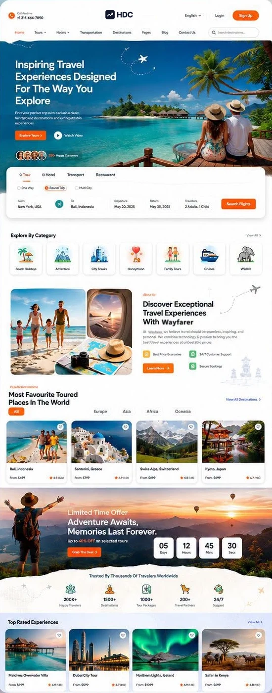 Travel website design concept in white and ocean blue with a coral button, showing a couple looking out over a turquoise island lagoon beneath a headline about inspiring travel experiences