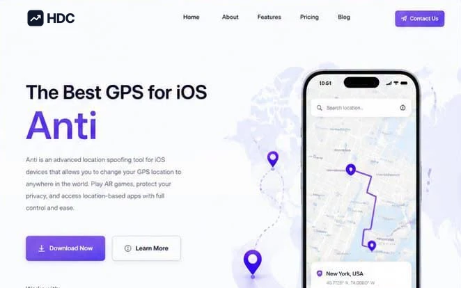 Mobile app website design concept in white and pale lavender with a violet accent, showing a headline about the best GPS app beside a large phone mockup displaying a route map with location pins