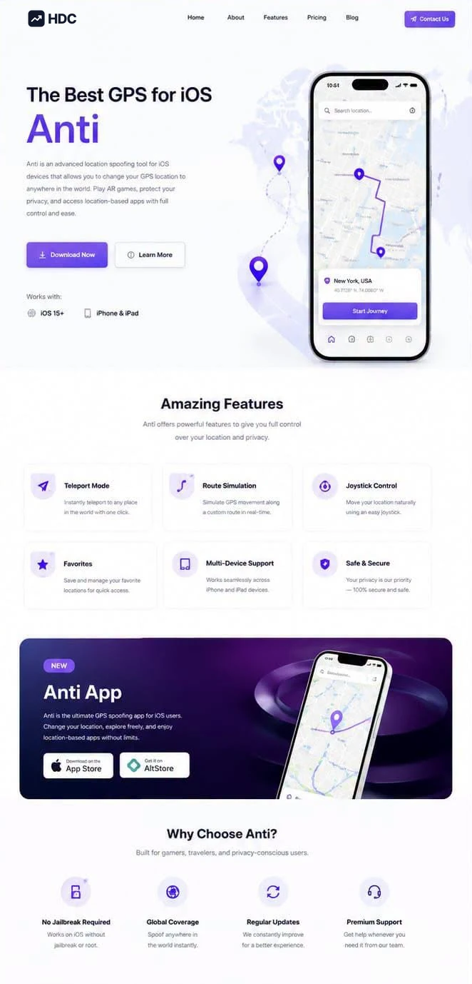 Mobile app website design concept in white and pale lavender with a violet accent, showing a headline about the best GPS app beside a large phone mockup displaying a route map with location pins