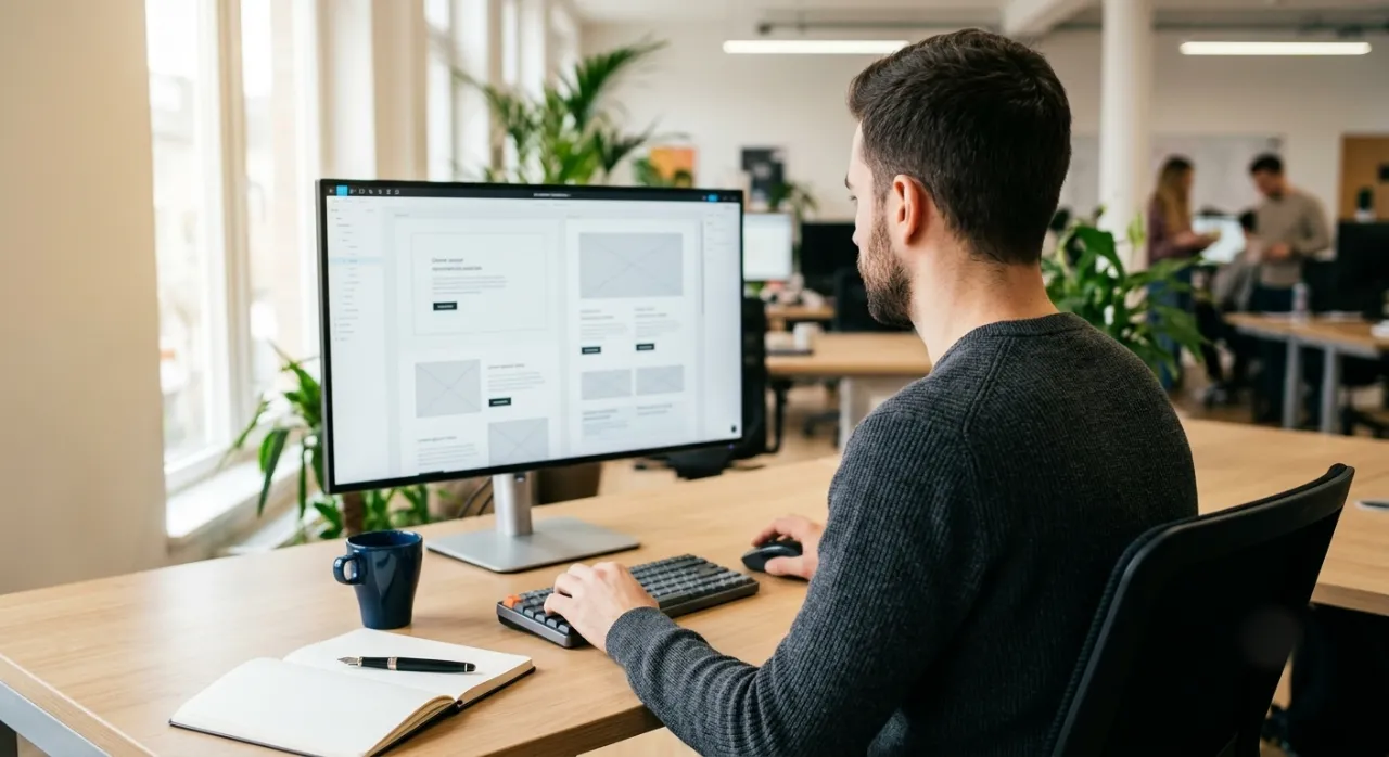 Designer reviewing website wireframe layouts on a large monitor in a busy agency office