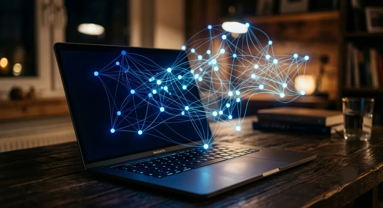 Laptop glowing with a blue network of connected nodes, representing AI automation systems