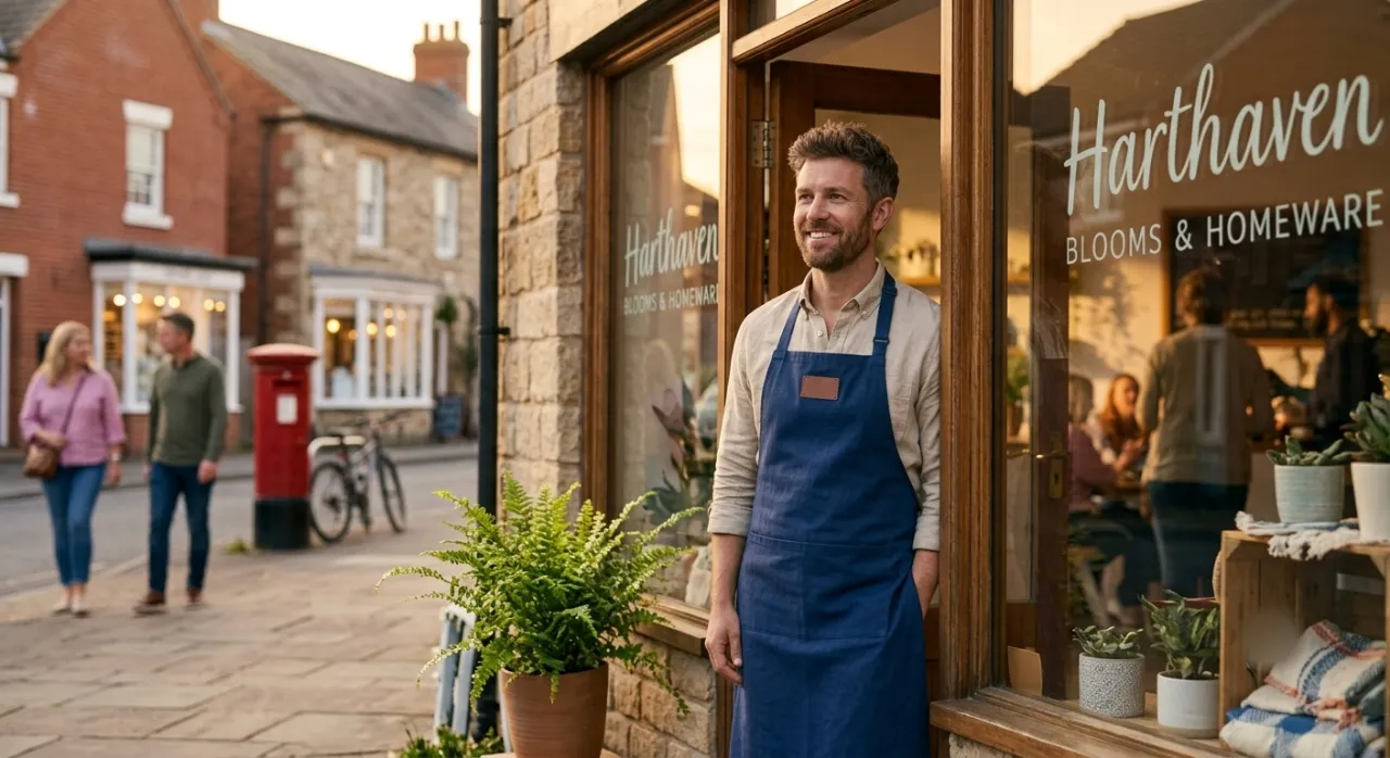 A smiling independent shop owner in the doorway of their high-street store