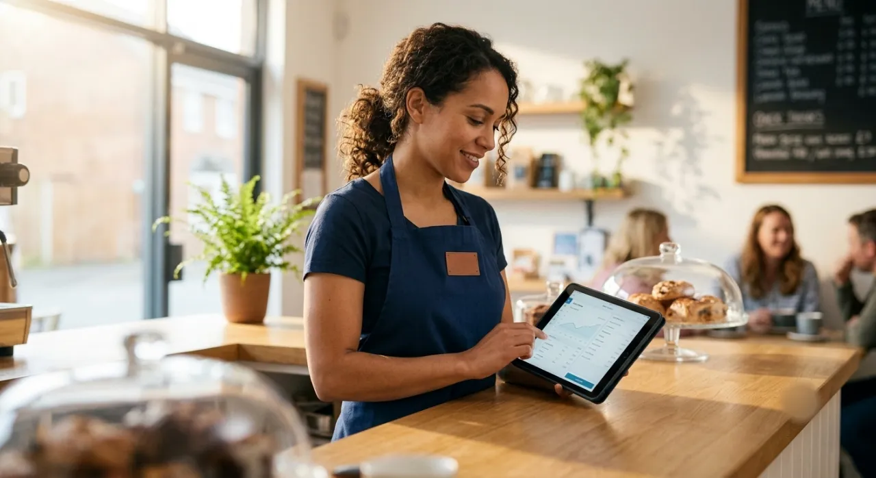 A confident local business owner using a tablet at their counter, in control of their online presence