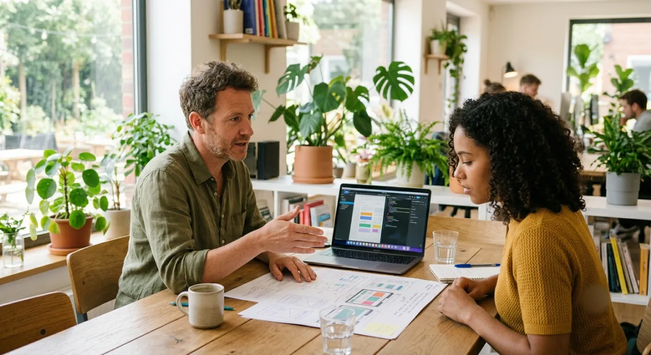 Two HDC colleagues reviewing a web design dashboard and printed mockups together at a studio table