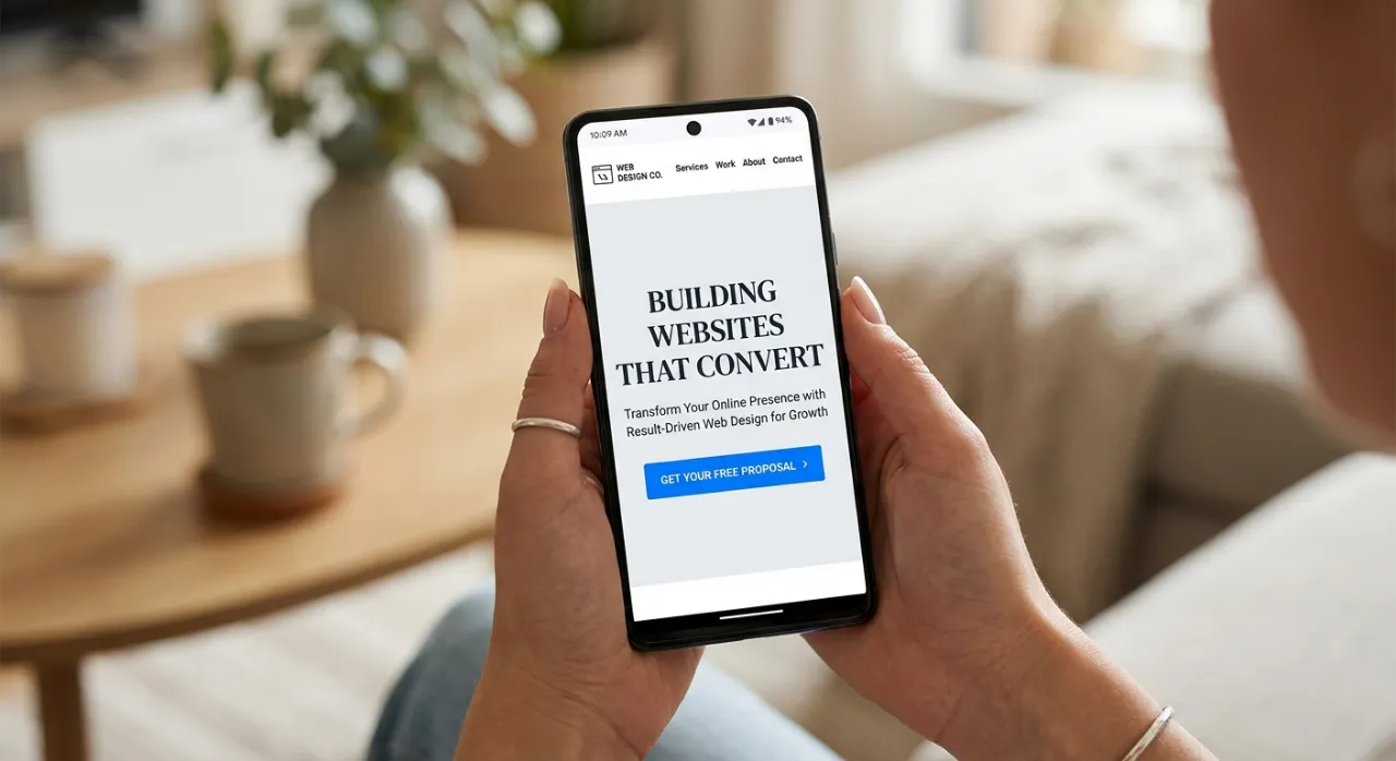 A high-converting, mobile-first website design shown on a smartphone with a clear call-to-action