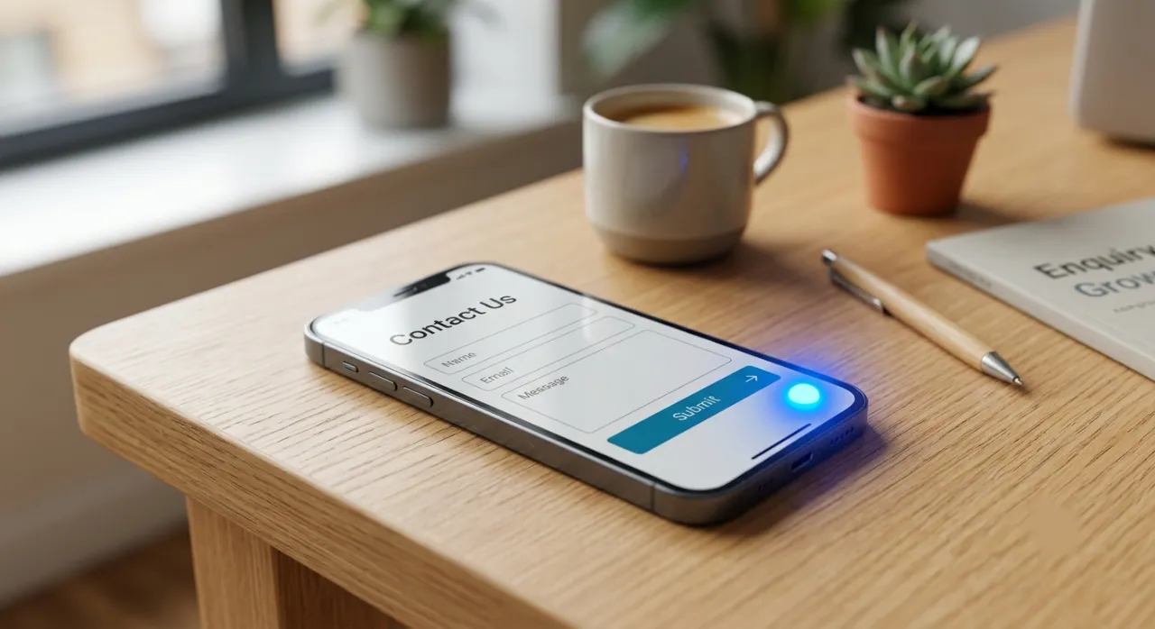 Smartphone showing a contact form with a new enquiry alert, lead generation for UK businesses