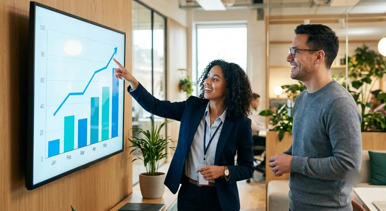 Marketing specialist pointing to a rising performance chart while planning a PPC campaign