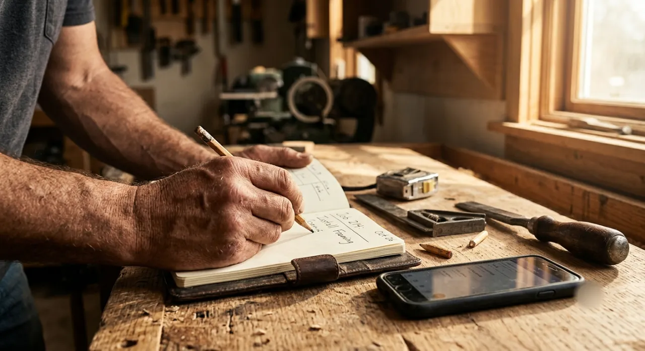 A tradesman's hands writing job notes in a notebook on a workshop bench beside a tape measure and phone
