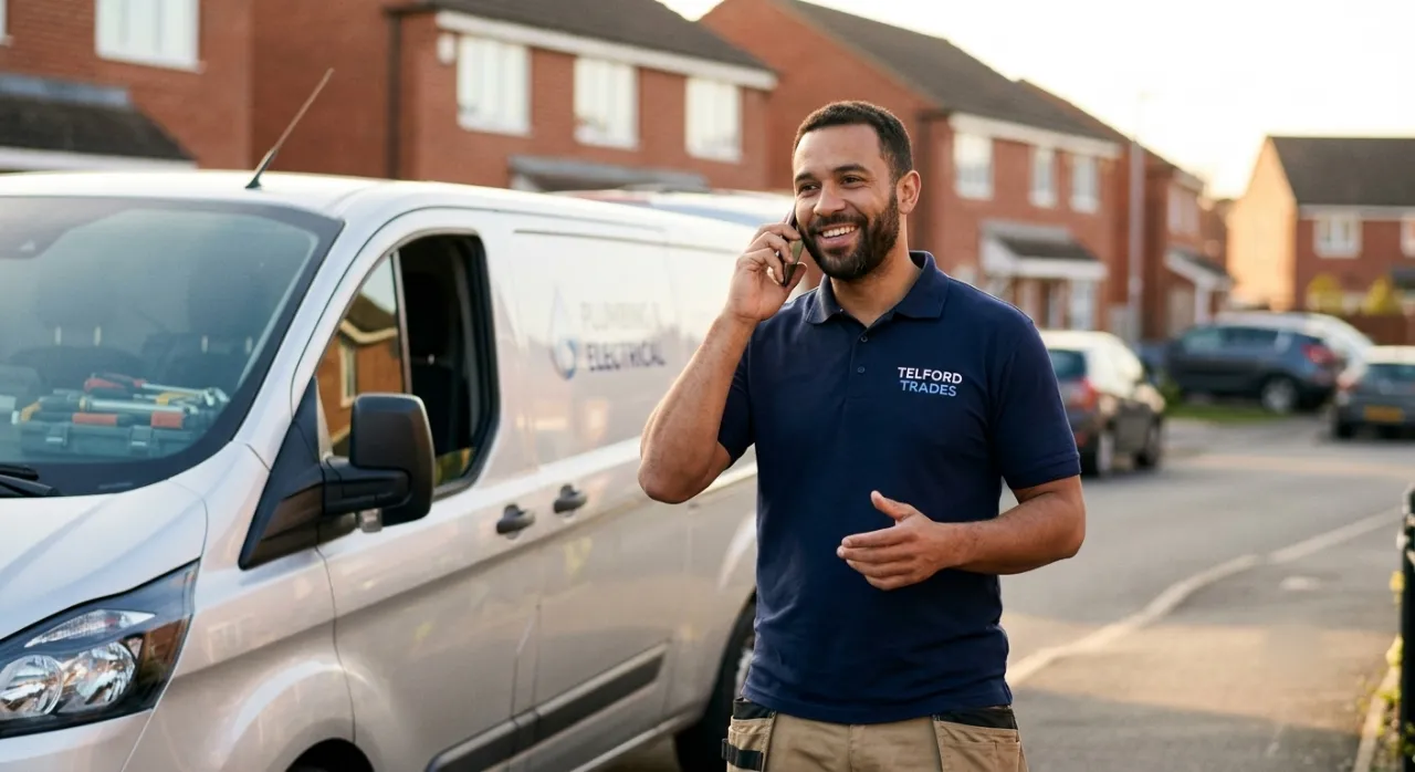 Tradesman by his work van taking an enquiry call, a new job booked through his website
