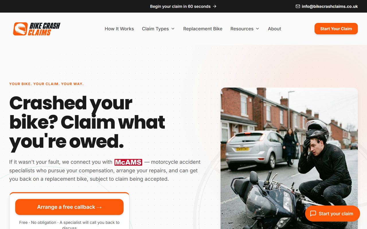 Bike Crash Claims website, designed and built by HDC Consultancy