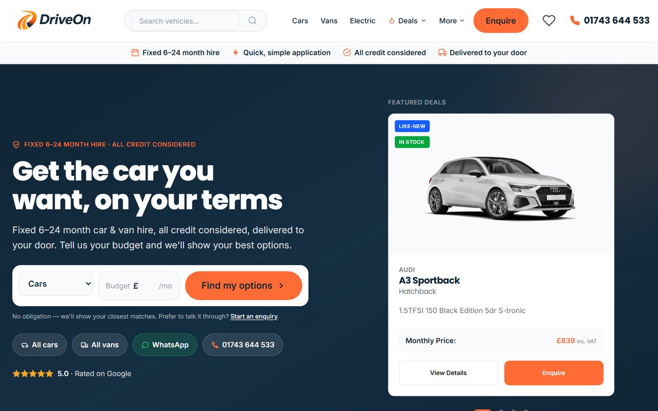 DriveOn Vehicle Rental website, built by HDC Consultancy