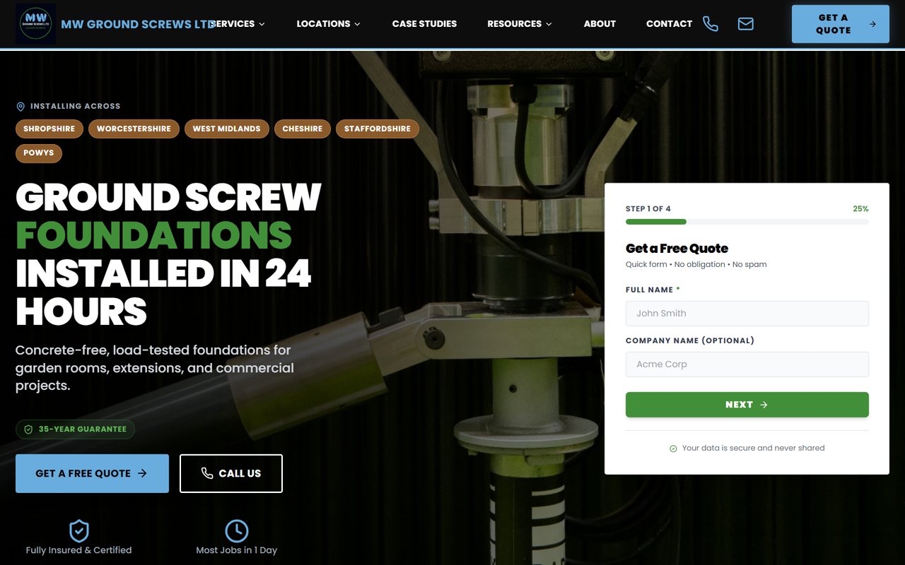 MW Ground Screws website, designed and built by HDC Consultancy